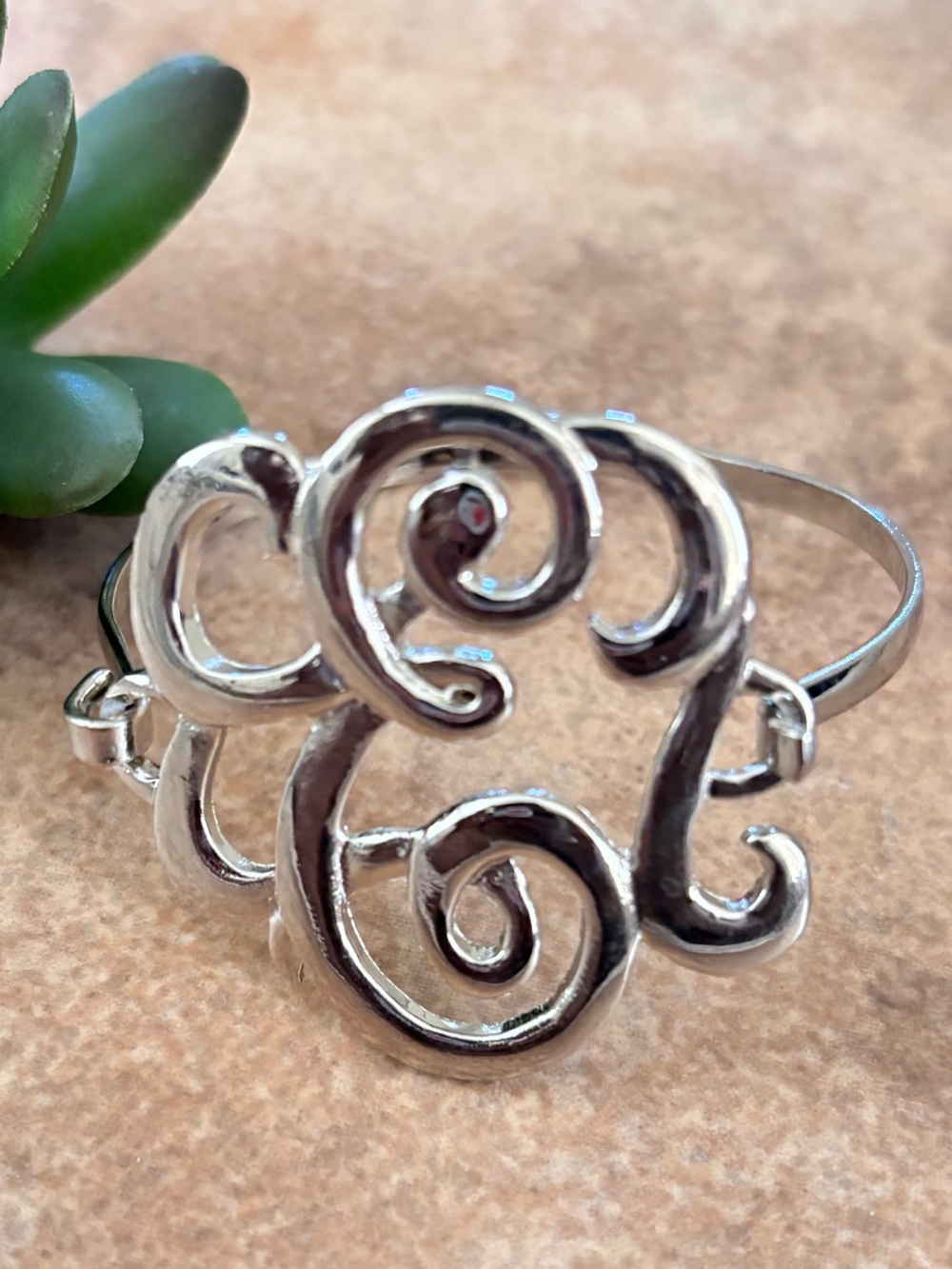 Silver Tone Monogram E Open Cuff Bracelet